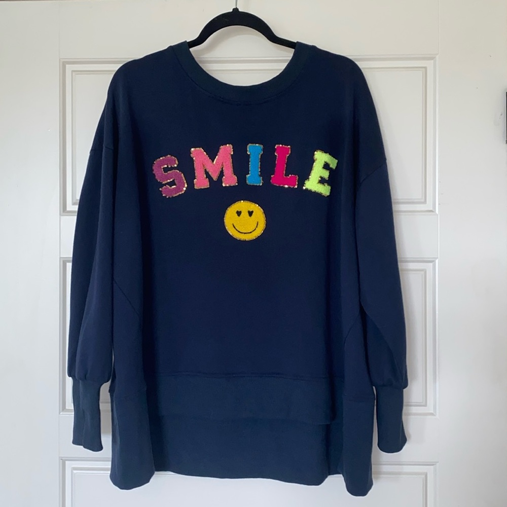 Fantastic Fawn SMILE High Low Navy Blue Sweatshirt Size Small (oversized)
